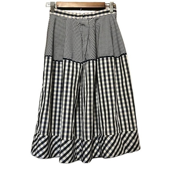 Dice Kayek High-Waisted Gingham Print Midi Skirt Plaid Navy Multi/Black Multi - Picture 8 of 8